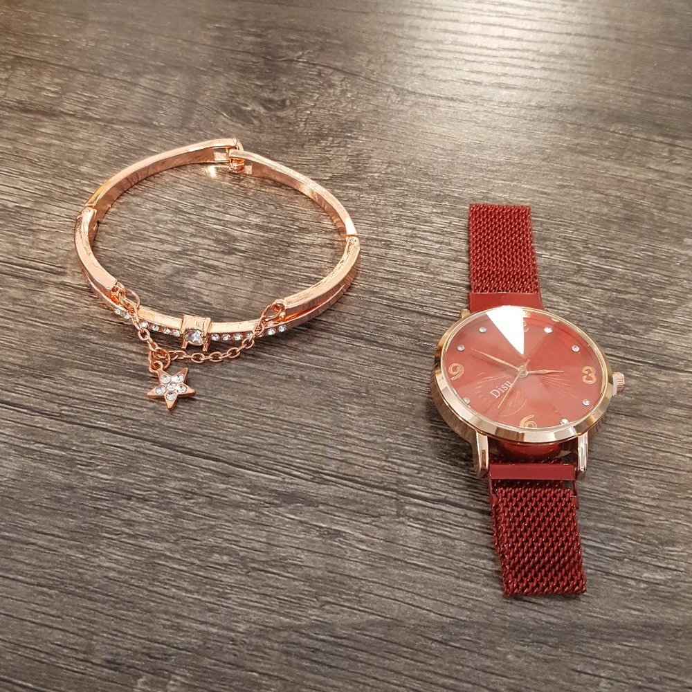 Red & Rose Gold Watch + Star Bracelet Set